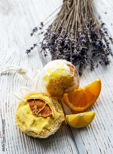 salt bomb and soap with citrus impurities on a white background. handmade