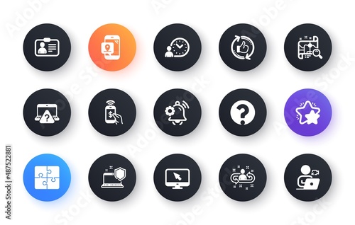 Minimal set of Search map, Id card and Phone payment flat icons for web development. Computer security, Online question, Internet icons. Notification bell, Pin marker. Circle buttons with icon. Vector