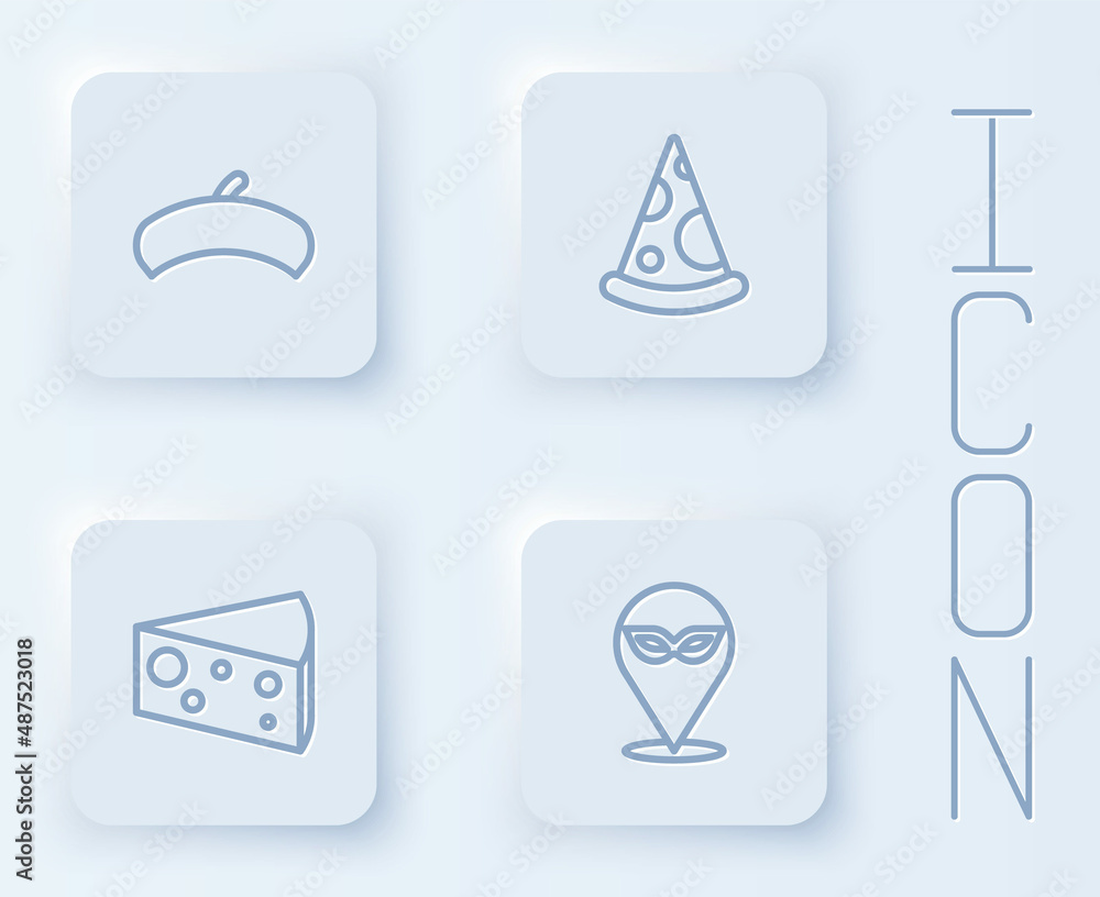 Set line French beret, Slice of pizza, Cheese and Carnival mask. White square button. Vector Set line French beret, Slice of pizza, Cheese and Carnival mask. White square button. Vector