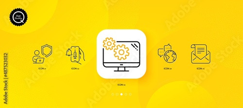 Shield, Vaccine announcement and Settings minimal line icons. Yellow abstract background. Mail newsletter, World communication icons. For web, application, printing. Vector