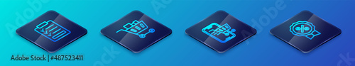 Set Isometric line Mobile with shopping cart, Clipboard checklist, Discount percent tag and Shopping and food icon. Vector