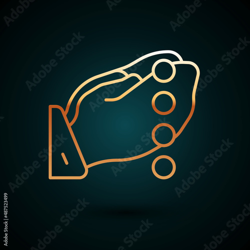 Gold line Hands in praying position with rosary icon isolated on dark blue background. Praying hand islam muslim religion spirituality religious. Vector