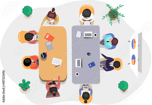 Business office connection working concept. Businessmen communicating talking about project strategy. People having board meeting with presentation, business brainstorming of startup, top view