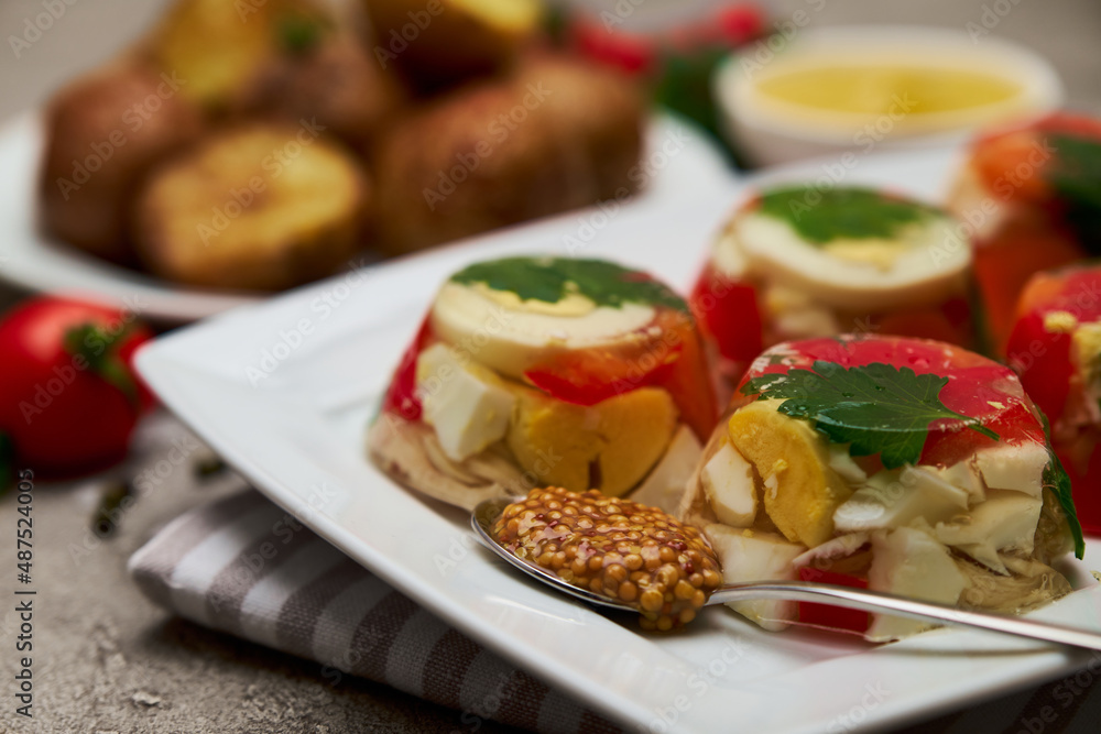 Portion of delicious chicken aspic on a plate isolated on concrete table Portion of delicious chicken aspic on a plate isolated on concrete table