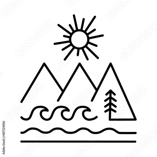 Rising sun in mountains  landscape outline icon. Elements for print, card, posters, tattoo, logo, mobile concept and web design. 