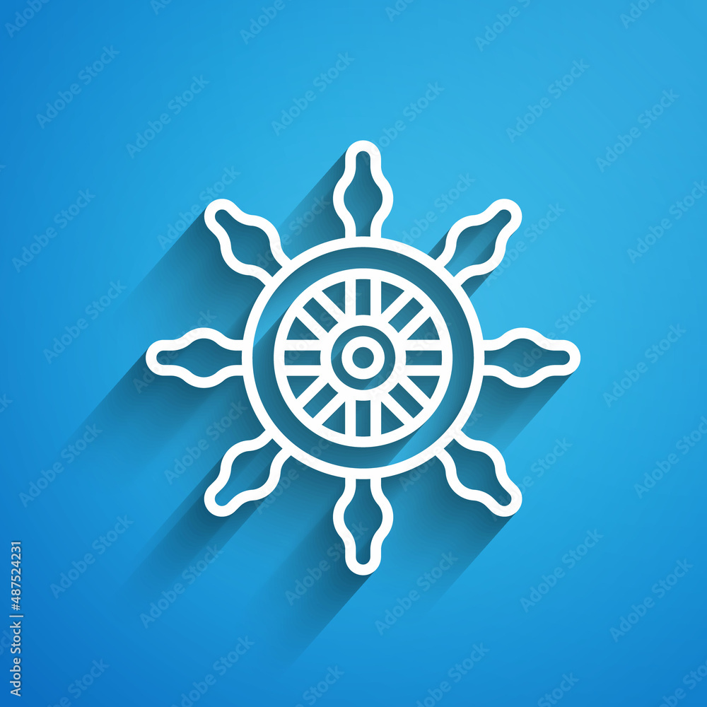 White line Ship steering wheel icon isolated on blue background. Long shadow. Vector White line Ship steering wheel icon isolated on blue background. Long shadow. Vector
