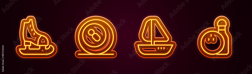 Set line Skates, Billiard pool snooker ball, Yacht sailboat and Bowling pin and. Glowing neon icon. Vector Set line Skates, Billiard pool snooker ball, Yacht sailboat and Bowling pin and. Glowing neon icon. Vector