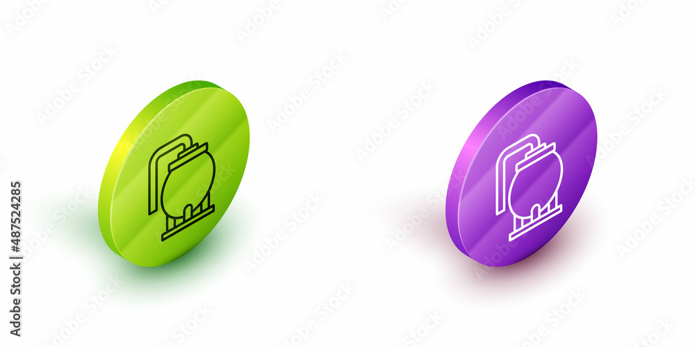 Isometric line Oil tank storage icon isolated on white background. Vessel tank for oil and gas industrial. Oil tank technology station. Green and purple circle buttons. Vector Isometric line Oil tank storage icon isolated on white background. Vessel tank for oil and gas industrial. Oil tank technology station. Green and purple circle buttons. Vector