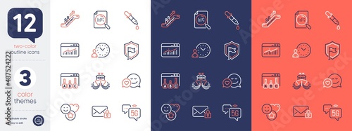 Set of Ship, Survey results and Shield line icons. Include Website statistics, Chemistry pipette, Smile icons. Escalator, Search file, Secure mail web elements. 5g internet, Dating. Vector