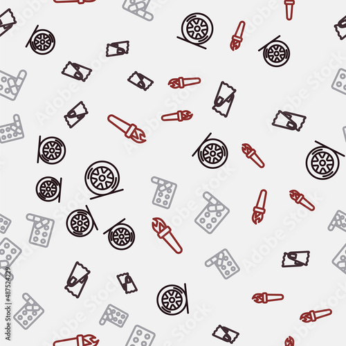Set line Car wheel, Flippers for swimming, Sports doping with dumbbell and Torch flame on seamless pattern. Vector