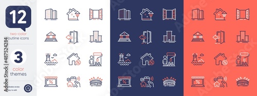 Set of Street light, Entrance and Lighthouse line icons. Include Court building, Buildings, Open door icons. Market, University campus, Arena stadium web elements. Painter, Loan house. Vector