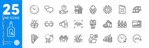 Outline icons set. 24 hours, Loud sound and Loyalty program icons. Bathrobe, Seo shopping, Ice cream web elements. Online discounts, Canister oil, Hold heart signs. Time management. Vector