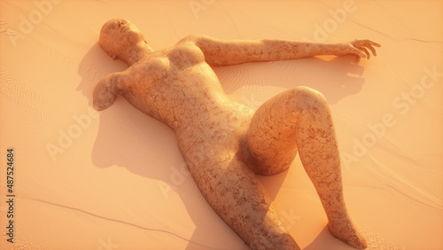 3d rendering of an alien planet with a desert landscape and a giant stone statue buried in the sand
