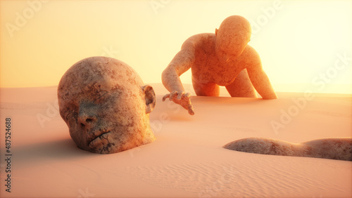 3d rendering of an alien planet with a desert landscape and giant stone statues buried in the sand