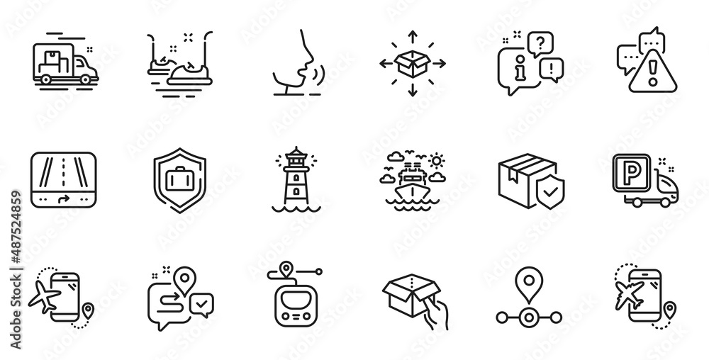 Outline set of Bumper cars, Station and Metro line icons for web application. Talk, information, delivery truck outline icon. Include Hold box, Truck parking, Flights application icons. Vector