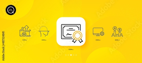 Ab testing, 5g internet and Monitor settings minimal line icons. Yellow abstract background. Face scanning, Certificate icons. For web, application, printing. Vector