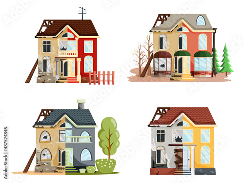 Home renovation, house before and after repair. New and old suburban cottage. Remodel construction. Old run-down house remodeled into cute traditional suburban cottage. Building maintenance service