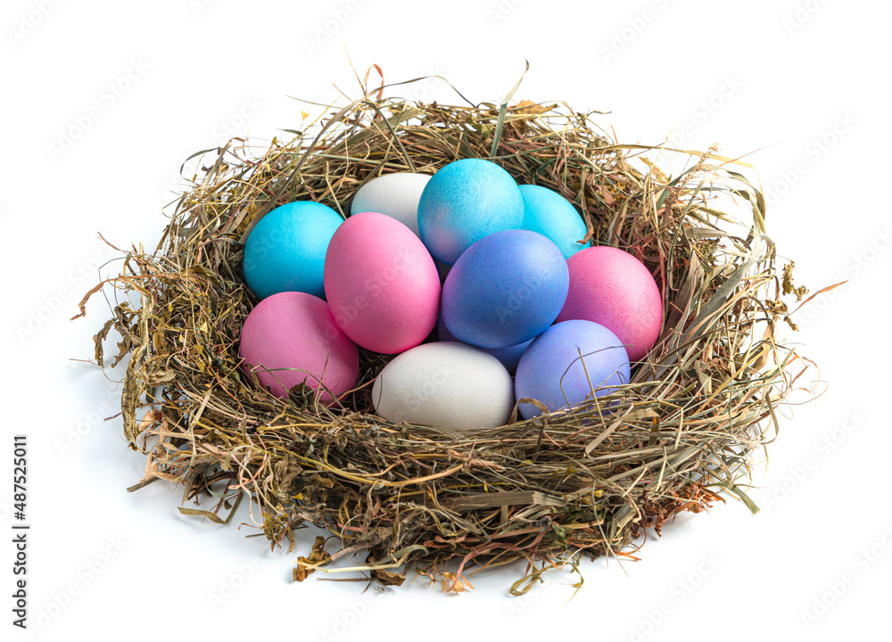 Bird's nest with colored Easter eggs isolated on a white background. Bird's nest with colored Easter eggs isolated on a white background.