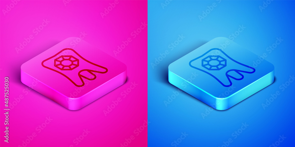 Isometric line Tooth with diamond icon isolated on pink and blue background. Square button. Vector Isometric line Tooth with diamond icon isolated on pink and blue background. Square button. Vector