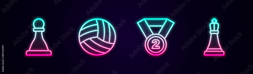 Set line Chess, Volleyball ball, Medal and . Glowing neon icon. Vector Set line Chess, Volleyball ball, Medal and . Glowing neon icon. Vector