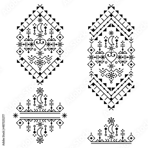 Nordic Icelandic style geometric tribal line art vector design set, black and white pattern collection with hearts and moons inspired by Viking rune art
