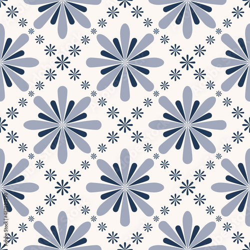 Vector blue color geometric floral shape seamless background. Simple ethnic peranakan or Sino portuguese pattern design. Use for fabric, textile, interior decoration elements, wrapping.