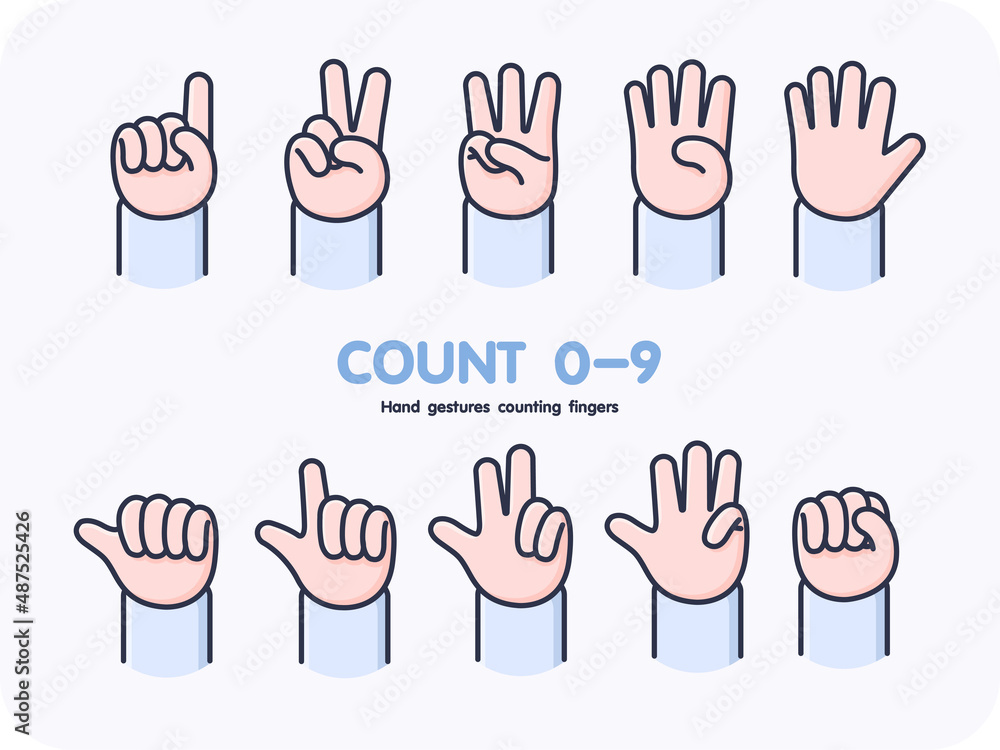 Hand gestures counting fingers 0-9, icon, vector design, isolated background. Hand gestures counting fingers 0-9, icon, vector design, isolated background.