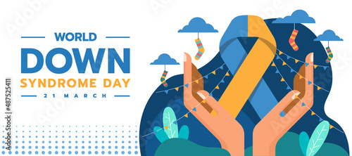 World down syndrome day - Hands hold care big blue yellow ribbon sign with party flag and Lots of Socks hanging on the clouds vector design