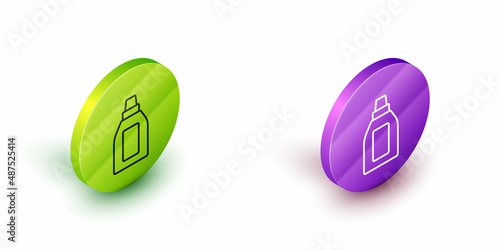 Isometric line Plastic bottle for laundry detergent, bleach, dishwashing liquid or another cleaning agent icon isolated on white background. Green and purple circle buttons. Vector