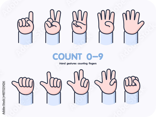 Tela Hand gestures counting fingers 0-9, icon, vector design, isolated background