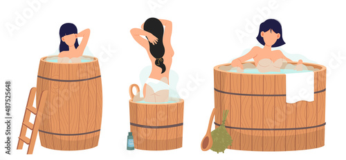 Woman sitting and relaxing in sauna isolated on white. Bathhouse or banya. Frends enjoying wellness spa procedures. Female characters in hot sauna resting alone. Girl sits on wooden bench in sauna