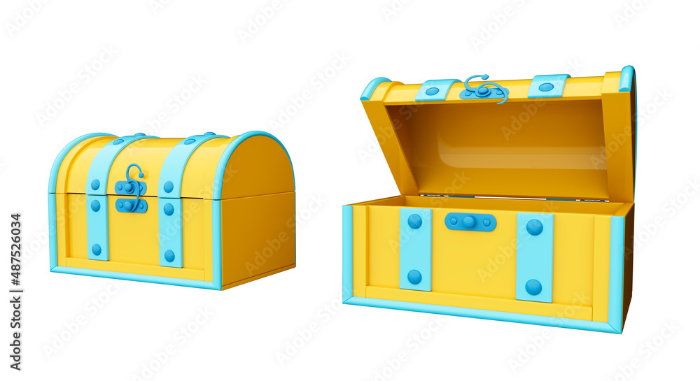 Cartoon toy chests in bright saturated tones of yellow and blue with open and closed lids. Isolated on white background. 3D rendering. 3d illustration Cartoon toy chests in bright saturated tones of yellow and blue with open and closed lids. Isolated on white background. 3D rendering. 3d illustration