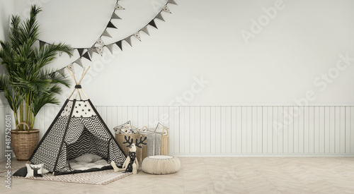 Wall mockup with children wigwam in the light interior  photo