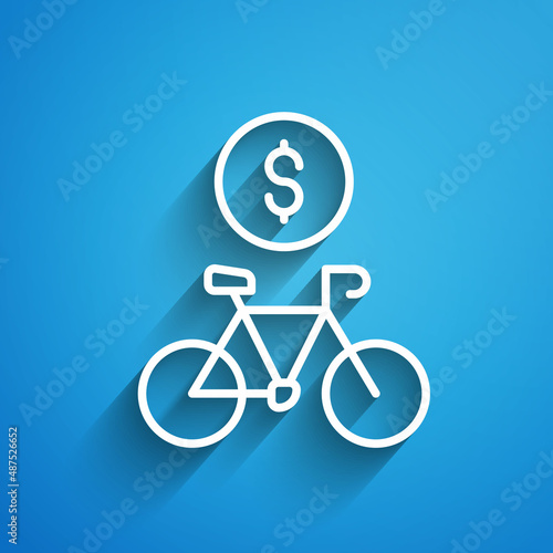 White line Bicycle rental mobile app icon isolated on blue background. Smart service for rent bicycles in the city. Mobile app for sharing system. Long shadow. Vector
