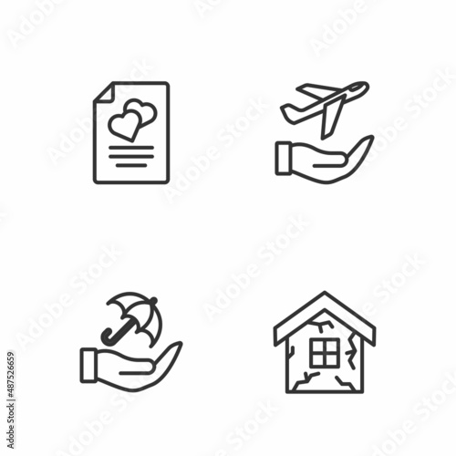 Set line House, Umbrella in hand, Marriage contract and Plane icon. Vector