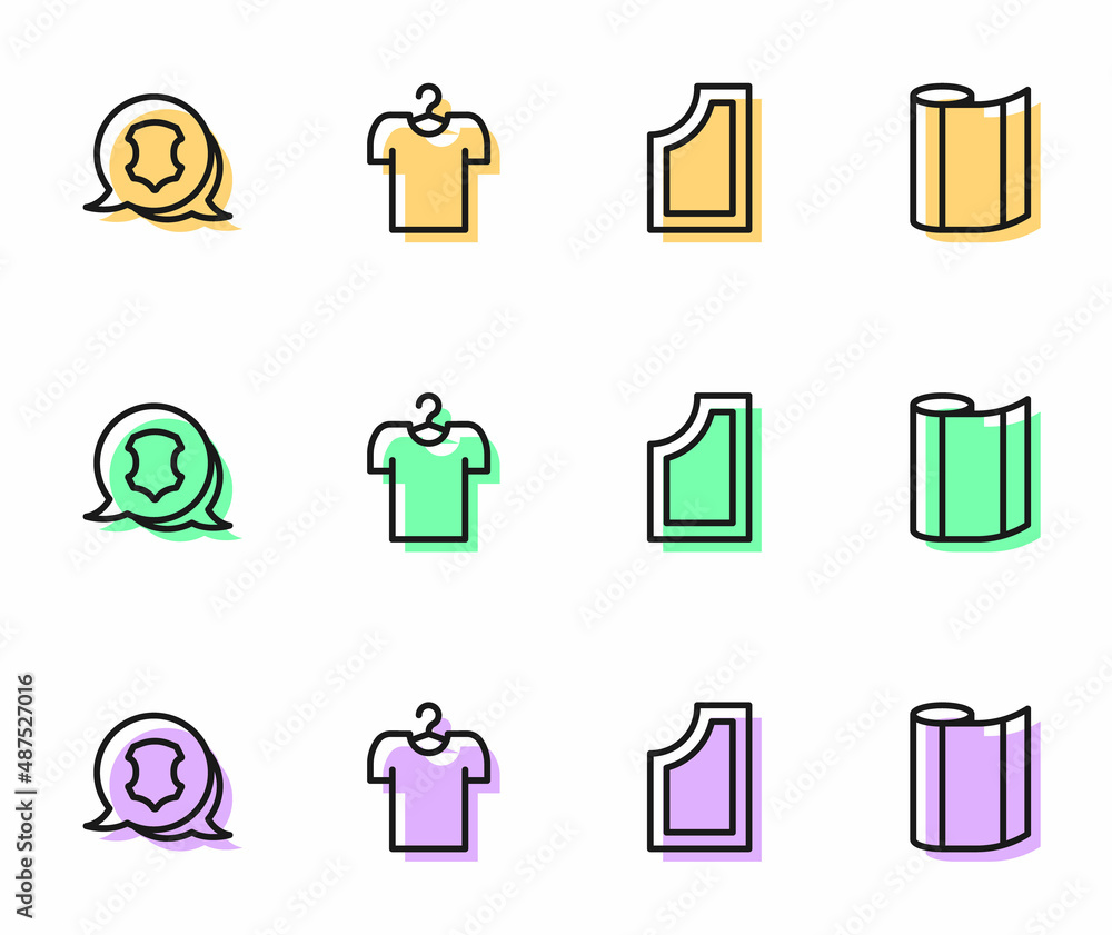 Set line Sewing pattern, Leather, T-shirt on hanger and Textile fabric roll icon. Vector Set line Sewing pattern, Leather, T-shirt on hanger and Textile fabric roll icon. Vector