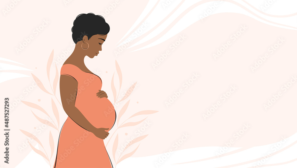 Pregnant african woman, future mom hugging belly with arms. Banner about pregnancy and motherhood with place for text. Vector illustration. Pregnant african woman, future mom hugging belly with arms. Banner about pregnancy and motherhood with place for text. Vector illustration.