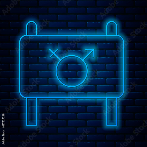 Glowing neon line Female movement, feminist activist with banner and placards icon isolated on brick wall background. Feminist rights movement, feminism sisterhood. Vector