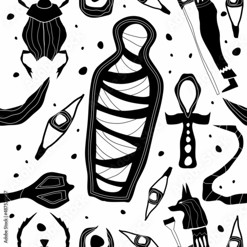Seamless Egyptian pattern of signs and symbols. Desert, pyramid, anubis, snake, ankh cross, mummy in sarcophagus, scarab, ouadget amulet, Pharaoh. Mystical curses. Rites and resurrections. Vector.