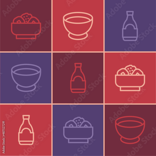 Set line Chow mein on plate, Soy sauce bottle and bowl icon. Vector