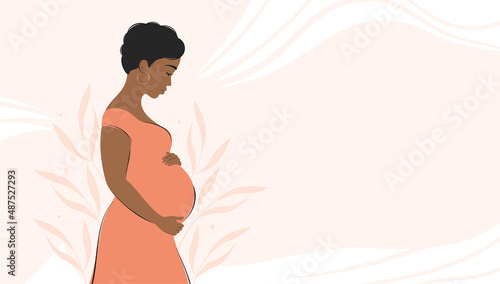 Pregnant african woman, future mom hugging belly with arms. Banner about pregnancy and motherhood with place for text. Vector illustration.