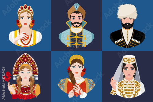 A set of avatars of historical national costumes for men and women. Historical costume. Flat vector illustration.