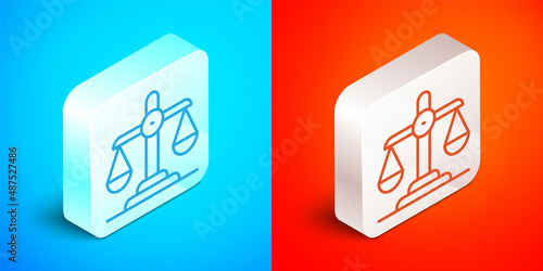 Isometric line Gender equality icon isolated on blue and red background. Equal pay and opportunity business concept. Silver square button. Vector