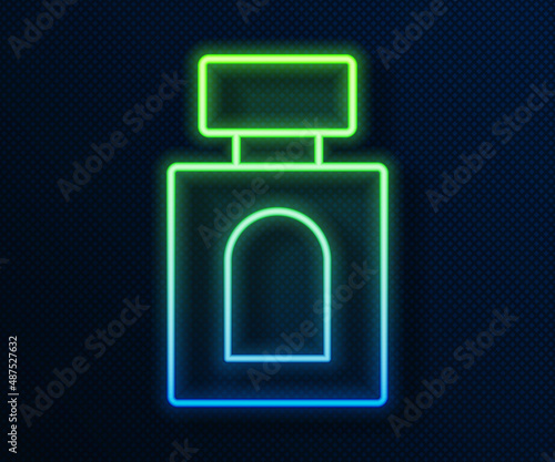 Glowing neon line Aftershave icon isolated on blue background. Cologne spray icon. Male perfume bottle. Vector