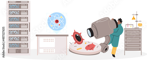 Scientist conducts scientific researches, virology in lab, holding vaccine, syringe and wearing medical suit. Coronavirus vaccine complete development. Medicines for treatment, doctor with injection