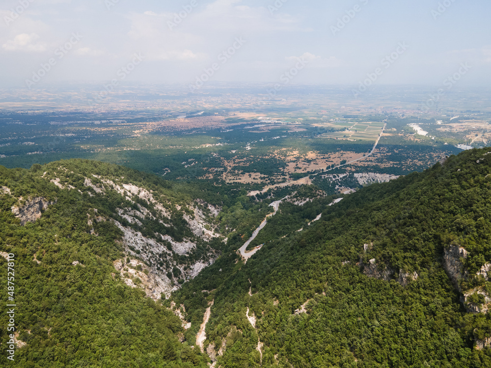 Aerial drone panoramic view of deep gorge and rocky ridge of the legendary Mountain Olympus