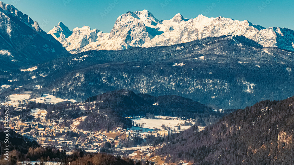 Beautiful winter view with the famous Reiteralpe mountains in the background near Berchtesgaden, Bavaria, Germany
