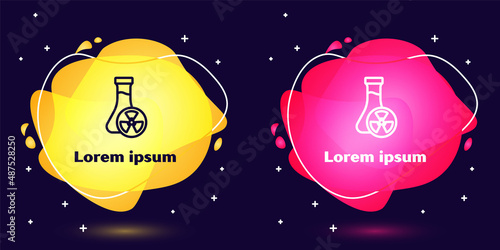 Set line Laboratory chemical beaker with toxic liquid icon isolated on blue background. Biohazard symbol. Dangerous symbol with radiation icon. Abstract banner with liquid shapes. Vector