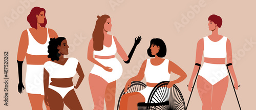 Inclusive society, women with disabilities, Flat vector stock illustration, Little people, person with prosthetic arm, wheelchair user