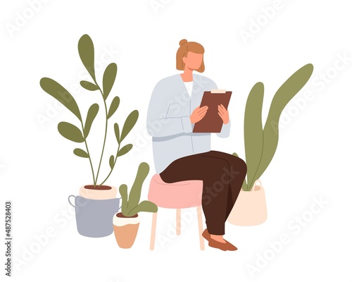 Employee reading document on clipboard. Woman office worker sitting, holding business paper on clip board. Clerk studying, checking list, survey. Flat vector illustration isolated on white background